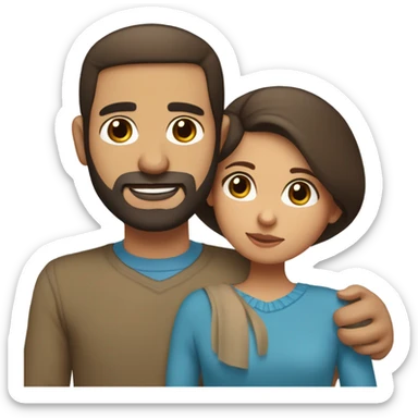 Comforting hug from brunette Puerto Rican with dark brown eyes wearing a cute blue top to short, bald man with brown eyes and a beard wearing a sweater sticker
