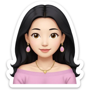 South Korean girl in her mid-thirties with long black hair and a middle part. She is wearing a baby pink, off the shoulder long sleeve knit sweater. She has small gold earrings and a gold necklace. She has brown eyes with narrow, mono lid shape and smiling with lips together sticker