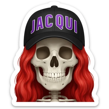 Create a skeleton head wearing a black baseball cap that says " J A C Q U I " in purple, and white lettering, with long red hair sticker