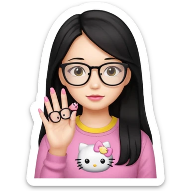 Nails cute hello kitty wear glasses black long  hair wear yello shirt sticker