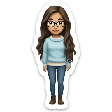 hispanic girl, long brown hair, brown eyes, full body, glasses, young, light blue winter sweater sticker