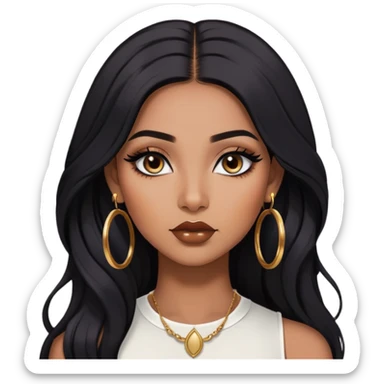 indian girl, brown skin, long black voluminous hair, brown underneath colored hair, baddie,pretty, makeup, lipliner, black eyeliner, gold hoop earrings, white top sticker