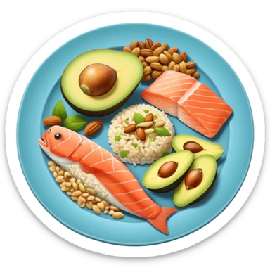 plato con comida variada granos aguacate salmon nueces arroz sticker