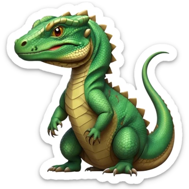Cinematic Noble Komodo Dragon Lizard Portrait Emoji, Poised and regal, with a rugged, scaled body and powerful stance, deep-set intense eyes and textured, weathered skin, Simplified yet sharp and sophisticated features, highly detailed, glowing with a soft, ancient glow, high shine, intelligent and formidable, stylized with an air of primordial authority, focused and commanding, soft glowing outline, capturing the essence of a watchful and confident guardian that appears ready to stride out of the screen with timeless power! sticker