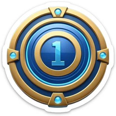 Futuristic achievement medal badge, circular shield emblem with engraved Roman numeral I and subtle “12M” detail, metallic gold and deep blue glow, sci-fi web3 game UI style, polished 3D game asset, soft energy aura, dark background, centered composition, high detail sticker