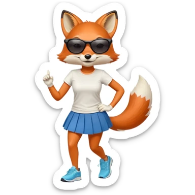 friendly anthropomorphised female fox in skirt and t-shirt, wearing dark sunglasses, jogging upright in standard pose sticker