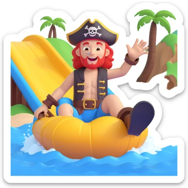 a pirate on a water slide, joyful expression, 3D emoji style sticker