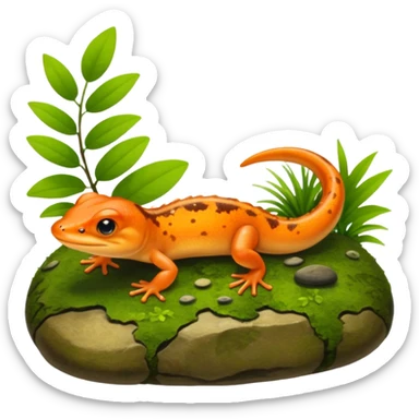 A small orange-brown newt on a mossy rock near a pond. Realistic lighting, visible tail, green plants and soft sunlight, detailed wildlife photo. sticker
