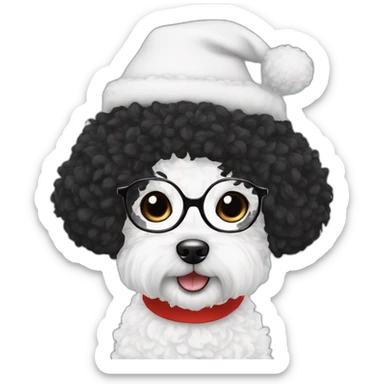 woman-black hair-christmas hat-with glasses-with bichon dog-white-smile sticker