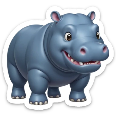 cinematic-hippo-realistic-full-body-side-view-standing-on-all-fours-emoji,-massive-round-frame,-wide-mouthed-grin-exposing-huge-teeth,-head-tilted-dramatically,-thick-greyish blue-hide-glossy, big cute eyes sticker