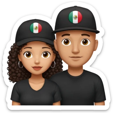 A picture of a cute tanned couple. the man is Mexican, with a bald hair cut wearing a SnapBack hat and a black shirt. the woman is mixed, she has curly longer dark brown hair, thicker and with big boobs  sticker