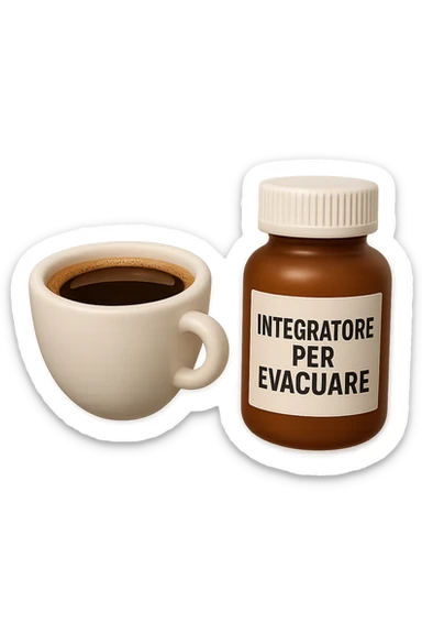 EMOJI STILE IPHONE 3D DI un caffè e di una boccetta di integratore con la scritta "INTEGRATORE PER EVACUARE" SULL'ETICHETTA CHE FLUTTUANO IN ARIA, iperrealistico 4k sticker