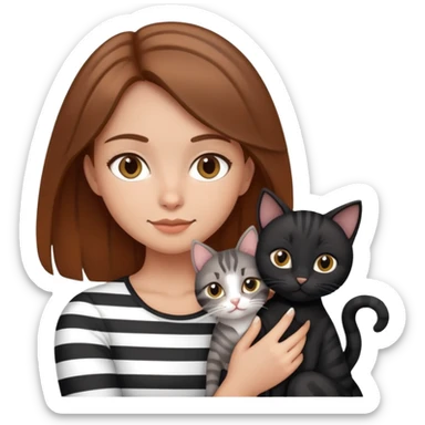 tan brown-haired girl holding two cats, one black cat and one grey-striped cat sticker
