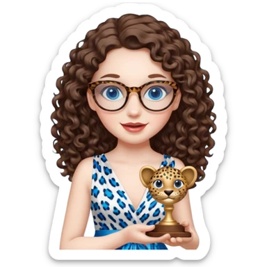 A girl with white pale skin, full lips, brunette LONG curly hair. She is wearing a white  silk dress. She is holding an award and happy. She has a leopard print round-ish shaped glasses. She has blue eyes. sticker