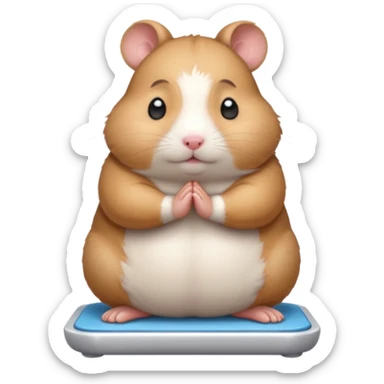 Cute chubby cartoon-style hamster standing on a bathroom scale, looking nervous with praying hands. Painterly shading, closed eyes, white background, sticker-style illustration sticker
