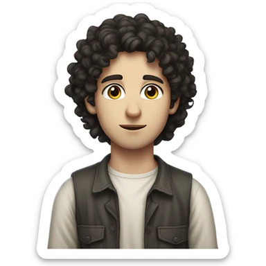 "A young man, standing, with dark curly hair, pale skin, and a thin build. He has a humble, thoughtful expression and wears simple, slightly worn clothing. A subtle Star of David appears nearby." sticker