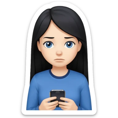 Cartoon emoji of a girl with long, straight black hair, fair skin, gentle blue eyes. Wearing a navy top, looking miserable and stressed, scrolling on her phone or watching TikTok. Smooth, simple, stylized. sticker