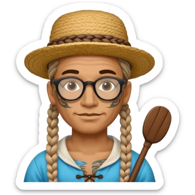 very tattoed face, normal glassess, fat venice gondolier with iconic hat and thick braided hair sticker