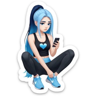 Heart broken, disappointed-very very very very big chest-texting on a samsung cell phone-very very long straight flowing black to sky blue hair ombre-blue eyes-black eyeliner-long eyelashes-sky blue very low cut tank top with sparkling nike logo-black leggings-nike sneakers sticker