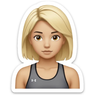 girl with dyed blonde hair and dark almost black roots, dressed as a fitness trainer, athletic top showing athlete, hair loose but neat sticker