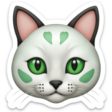 Haz una gata de ojos verdes la cara blanca con mancha negra en las orejas que agarra parte de la frente del lado der pero del iz va desde el ojo hasta la oreja la mancha, tiene la nariz negra en forma de corazón y todo lo que sobra de la cara, barbilla la nariz arriba y el lado de bigotes es blanca sticker
