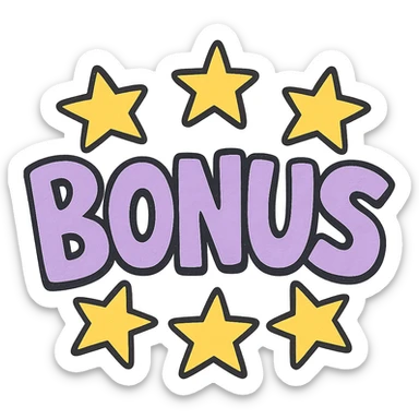 the word BONUS in large letters, all the same vibrant color, surrounded by stars, no background or sign behind, just the letters and stars, vibrant cartoon style QUIERO EXACTAMENTE IGUAL SOLO QUE LAS LETRAS DEBEN SER VIOLETA PASTEL Y LAS ESTRELLAS AMARILLAS sticker