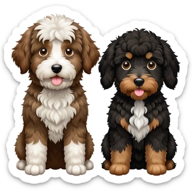 2 dogs: one light brown Aussiedoodle, one all-black Bernedoodle with white eyebrows. Both same size. sticker