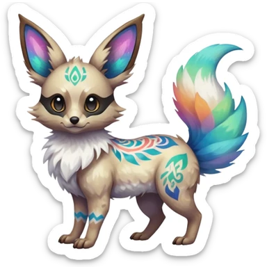 Rare iridescent white exotic epic aesthetic colorful Trico-Eevee-Genet-species-Fakemon-hybrid-creature, with intricate tattoo markings, full body sticker