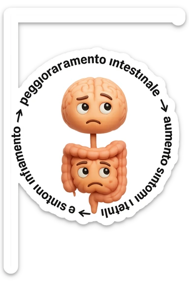 EMOJI STILE IPHONE 3D DI un cerchio con queste scritte che girano intorno "stress → peggioramento intestinale → aumento infiammazione → peggioramento sintomi intestinali e sistemici." al centro del cerchio metti un cervello e intestino umani collegati verticalmente con espressione dubbiosa in volto, FALLO MOLTO REALISTICO IN 3D sticker