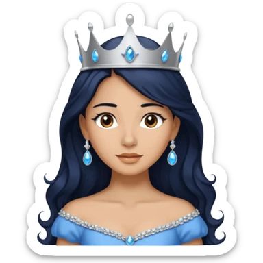 Por favor hazme el emoji de la princesa pero con piel canela con el pelo negro y ondulado y largo, los ojos marrones y la corona plateada con jollas azules sticker