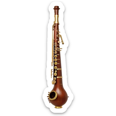 Create an elegant and detailed emoji representing a professional Yamaha bassoon. The design should feature the sleek wooden body of the bassoon with its rich wood tones, showing the intricate keywork and metal springs. The metal tubing of the instrument should be clearly visible, with polished brass accents. Highlight the bell and the distinctive, curved shape of the instrument. The mouthpiece and reed should be visible at the top, emphasizing the functional details. Use warm wood tones like dark brown, with gold and brass accents for the keys and fittings. Add soft musical notes or soundwaves to represent the deep, resonant sound of the bassoon. The background should be transparent. sticker