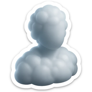 person made entirely of white fluffy convex clouds, shoulder up, front view, matte glass style sticker