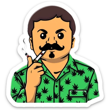 Mexican drug lord El Chapo with mustache and patterned shirt, smoking weed sticker