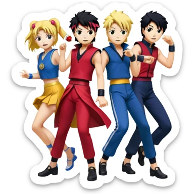 Icon for Anime Collage: Dynamic collage Characters from Cowboy Bebop, Naruto, Bishoujo Senshi Sailor Moon and Kimetsu no Yaiba, each in their iconic poses and vibrant outfits, blended together with dynamic backgrounds. Transparent background. sticker