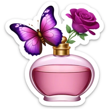 "With vibrant Tyrian Purple and Jasper Red wings, a butterfly flutters near an elegant Rosewater Pink perfume bottle. Misty Rose pansies surround the setting, adding a touch of gentle floral beauty." sticker