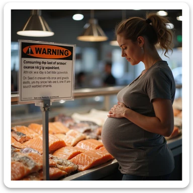 realistic pregnant woman in 4K observing informational sign at fish market: 'Warning, consuming raw salmon can pose risks during pregnancy' sticker