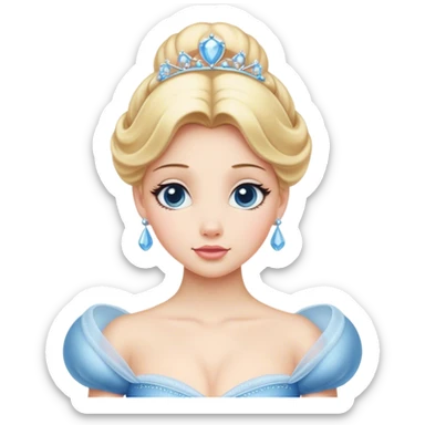 Cinematic Elegant Cinderella Portrait Emoji, rendered in a realistic, vector-style with minimal shading and bold, simplified shapes. Depict Cinderella in her classic ball gown (chest and above) with fair, porcelain skin and elegantly styled blonde hair, her eyes soft and kind, and her expression serene and graceful. The design glows with a gentle, enchanting radiance and high shine, capturing the timeless beauty of a fairy tale princess. sticker