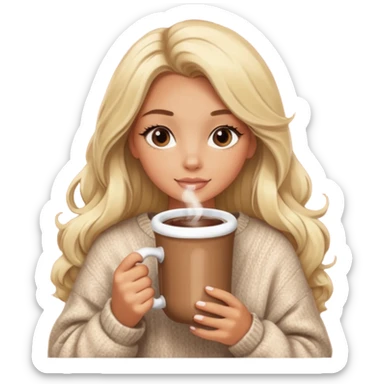 Tanned Girl with lashes , blonde hair, in an extremely big fluffy oversized and hold hot chocolate drink sticker