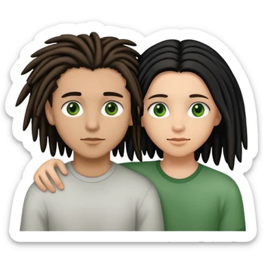 couple holding eachother. the boy is light skinned, short brown dreads, and green eyes. the girl is light skinned, long straight black hair, and brown eyes. sticker