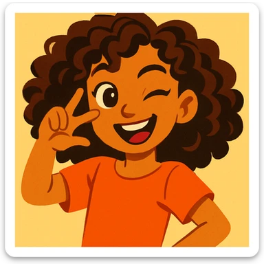 white girl with brown eyes and brown hazelnut curly hair 3b-3c, playful expression, upper body, plain background, vibrant toon style sticker