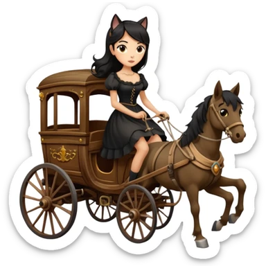  Rustic all black antique wood Gypsy 1854 pretty dark-haired Catgirl driving a huge horse-drawn fancy French stagecoach Caravan on a bumpy scary ghost trail in the woods  sticker