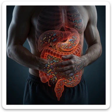Hyperrealistic 4K anatomical section of a human body in a similar position to the reference image, with the intestine highlighted and glowing. No parasites present, but showing dysbiosis with diverse bacteria and microorganisms inside the intestine. Clinical atmosphere, highly detailed and realistic. sticker