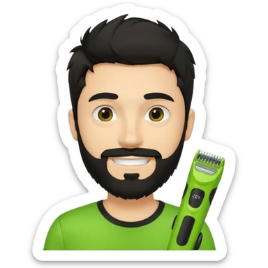 young fair-skinned man with messy black hair and beard, smiling, black t-shirt, holding one small true-to-size bright lime green face beard trimmer, iOS emoji style sticker