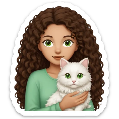 Woman light brown skin long dark curly hair, green eyes, with a cat sticker