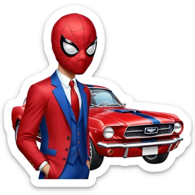 Spider-Man next to a 65 Mustang fastback sticker