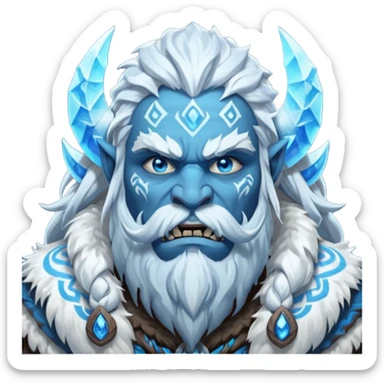 Legendary fantasy orc Christmas portrait icon, Frostfather and Snow Maiden inspired, primal winter god style, massive icy beard, glowing blue eyes, heavy fur coat, tribal frost runes, powerful brutal presence, blizzard atmosphere, clean stylized emoji icon, male/female variant
 sticker