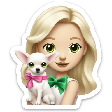 pale blond girl with wavy long platinum hair with green eyes holding a white chihuahua puppy that wearing a pink bow sticker
