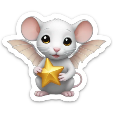 rat with white angel wings who is holding a star sticker