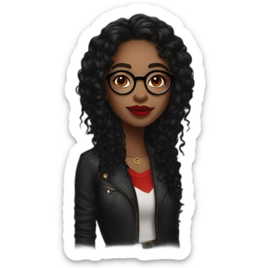 Black woman with small round glasses, dark brown eyes,bright red lipstick, a nose ring and septum ring, long curly black hair sticker