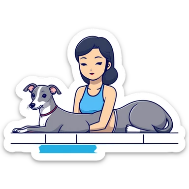 Slim Chinese woman with long black hair in appropriate pool attire relaxing by a swimming pool with her Italian greyhound that is COMPLETELY solid grey, with absolutely NO white markings anywhere, single uniform grey color throughout entire dog body sticker